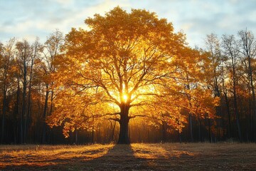 Massive solitary tree with golden autumn leaves backlit by a radiant sunburst over a meadow, framed by bare forest, casting long shadows and evoking warm peaceful awe
