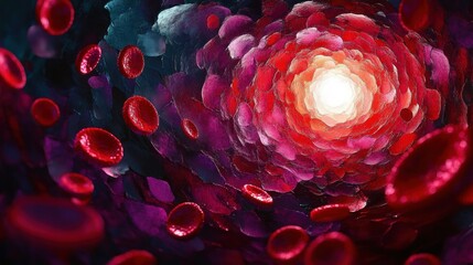 swirling tunnel of red blood cells inside a layered magenta vessel moving toward a glowing white center, vibrant surreal motion and intense sense of wonder