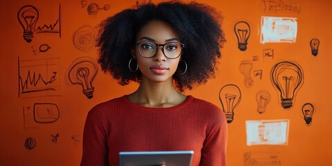 young professional with afro hair in red sweater holding a tablet in front of an orange wall covered in lightbulb sketches and charts, looking thoughtful and inspired
