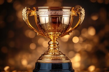 ornate golden trophy cup with engraved details and decorative handles on a black base, set against warm golden bokeh lights conveying celebration and triumph