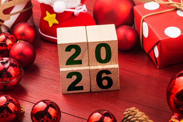 Happy New Year 2026, Christmas 2026, Christmas gifts placed in a festive atmosphere 