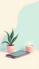 Clip-art illustrating a smartphone balanced with a small plant or candle on one side, symbolizing tech-life balance. Soft pastel colors, abstract shapes, clean curves.