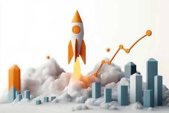 stylized orange rocket launching from clouds among rising bar chart columns and an ascending orange trend line conveying optimistic business growth and momentum - Powered by Adobe