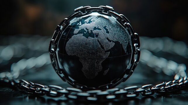 dark metal globe wrapped in heavy chains on a reflective surface, close-up of africa and europe conveying oppression and confinement