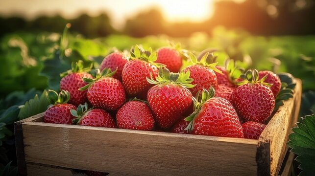 sunlit wooden crate overflowing with fresh ripe strawberries in a green field, warm golden glow and inviting summer abundance