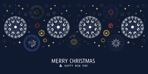 Festive merry christmas and happy new year greeting with hanging ornaments and snowflakes on dark blue background