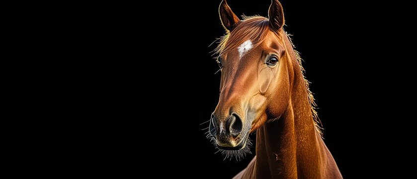 close-up portrait of a chestnut horse with a white star, attentive calm expression, detailed mane and whiskers against a black background