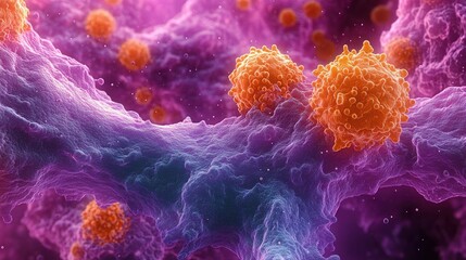 Vibrant microscopic scene of orange spherical cells clinging to purple fibrous tissue, a dramatic tense close-up of cellular interaction