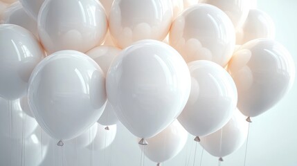 Cluster of glossy white balloons floating gently in soft light, creating a serene and elegant celebratory atmosphere