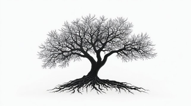 bare leafless tree with sprawling branches and exposed root system on white background, stark silhouette evoking solitude and resilience