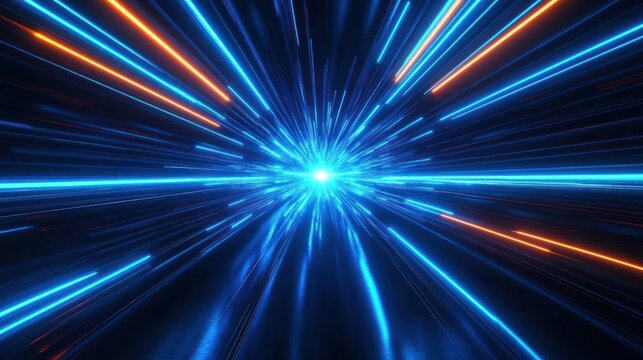 Radiant blue and orange neon light burst converging to a glowing center in a motion blur tunnel conveying futuristic high-energy speed and exhilaration