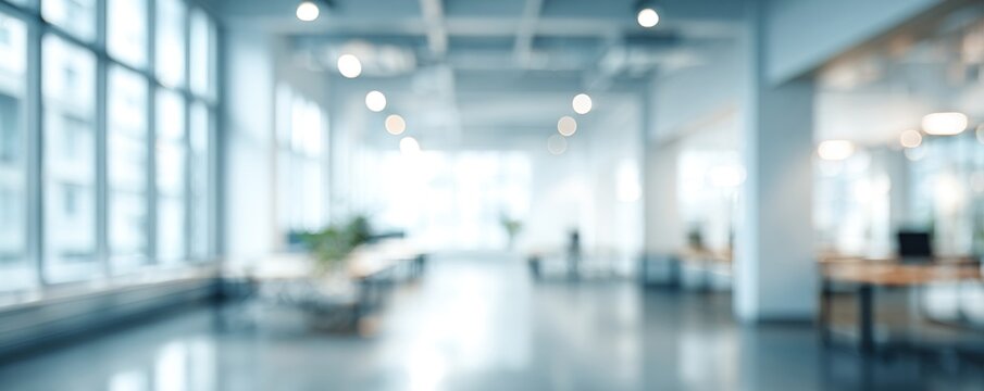 Blurred empty open space office. Abstract light bokeh at office interior background for design. High quality