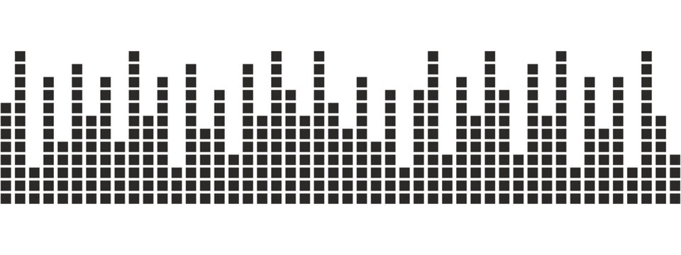
Black podcast sound wave patterns with varying amplitude bars for audio visualization and media interfaces. Digital frequency lines on white bg for music players.