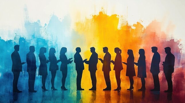 Silhouetted business people facing each other in two lines, exchanging handshakes and conversation against a vibrant blue to orange watercolor background, conveying collaboration and energy