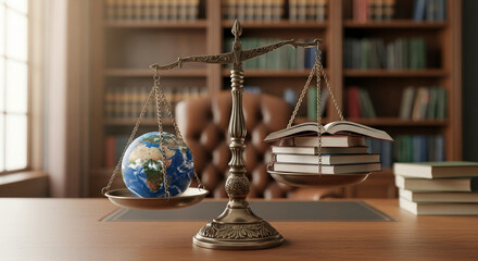Global education balanced with knowledge books in law office, illustrating educational equity, fairness, and scholarly pursuits in a sophisticated, classic setting