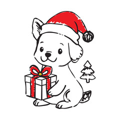 Hand drawn winter Christmas dog animal characters with Christmas tree, gift box. Dog in winter hat and scarf. Vector sketch illustration in vintage rough pen textured style