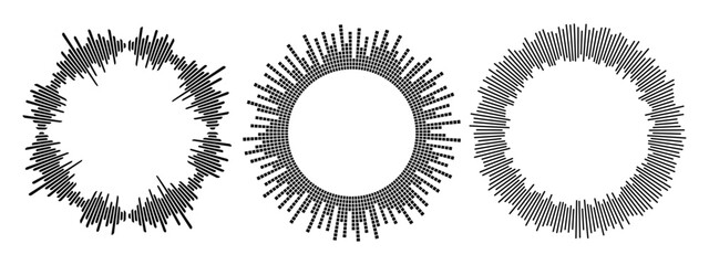 
Black podcast sound wave patterns with varying amplitude bars for audio visualization and media interfaces. Digital frequency lines on white bg for music players.