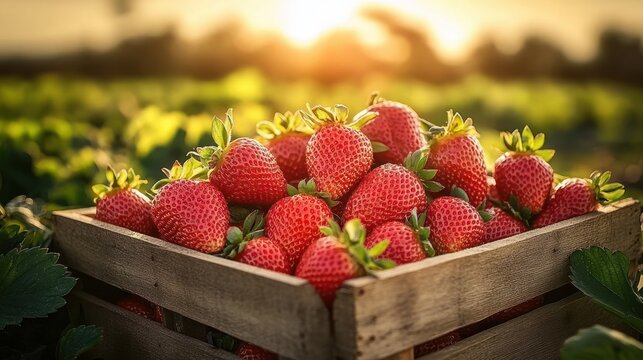 ripe red strawberries piled in a wooden crate on a sunlit field at golden hour evoking fresh abundance and warm harvest joy