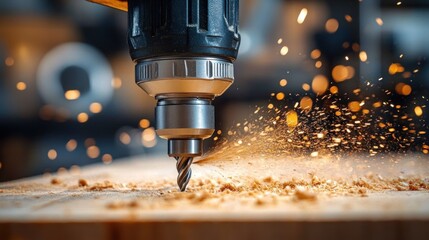 Close-up of a rotary drill bit and metal chuck cutting a wooden board, sending sawdust and sparks flying with intense precision and energy