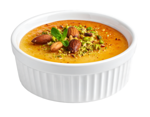 Traditional Arabic dessert Umm Ali in a white ceramic form decorated with nuts isolated on transparent png