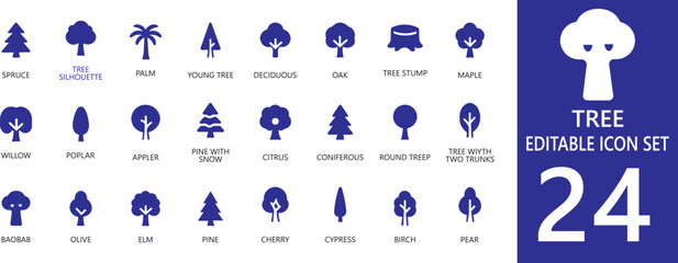 Clean and modern tree solid icon set representing nature, ecology, and environmental themes. Ideal for eco projects, botanical designs, and sustainability branding.