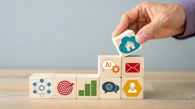 Building a business strategy with digital icons on blocks