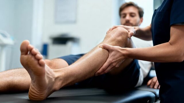 Physiotherapist performing a range of motion exercise with flexion and extension on a male patient's leg