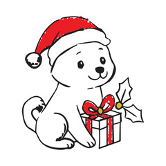 Hand drawn winter Christmas dog animal characters with Christmas tree, gift box. Dog in winter hat and scarf. Vector sketch illustration in vintage rough pen textured style