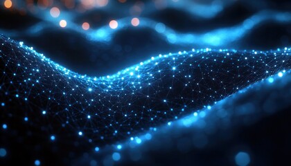 Undulating glowing blue network mesh of connected nodes and lines with soft orange bokeh lights, futuristic calm and mesmerizing
