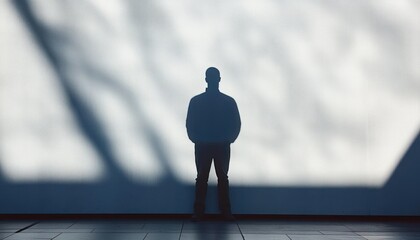 solitary silhouetted figure standing against a sunlit wall patterned by tree shadows, evoking quiet introspection and solitude
