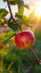 Ripe Apple on Branch in Golden Sunlight.