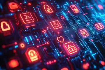 Neon circuit board with glowing padlock, document and heart icons, blue circuitry and red security symbols conveying a tense futuristic feeling of digital protection and privacy