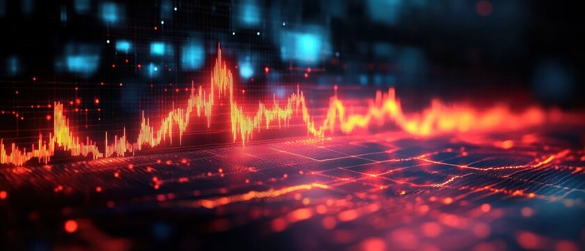 glowing red and orange digital waveform and grid with spikes, scattered particles and blue pixel lights on a dark futuristic background conveying intense dynamic energy