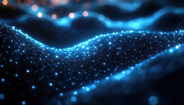 Undulating glowing blue network mesh of connected nodes and lines with soft orange bokeh lights, futuristic calm and mesmerizing