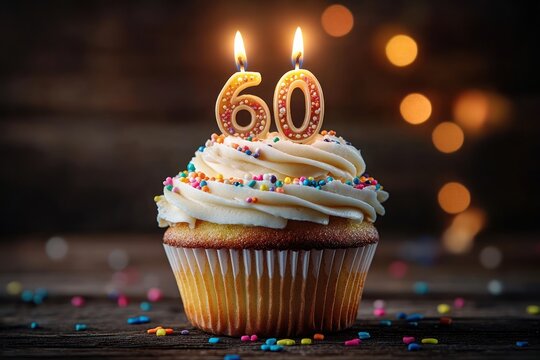 single vanilla cupcake with swirled buttercream, colorful sprinkles and two lit number 60 candles on a wooden table with warm bokeh lights, festive cozy celebration mood