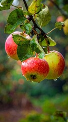 Ripe Apples on a Branch After Rain, Ready for Harvest.
