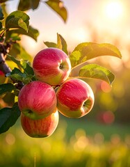 Ripe Apples on a Branch in Golden Sunlight.