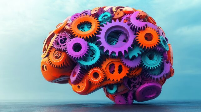 colorful interlocking gears forming a human brain floating above calm water under a bright sky, evoking creativity and innovation