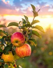 Ripe Apples on a Tree Branch at Sunset.