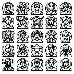 Collection of twenty five diverse outlined avatars showcasing a variety of people and personalities