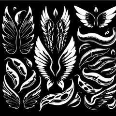 Illustration featuring a collection of stylized wings and seed pods on a black background design element