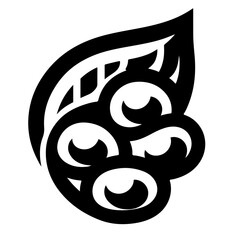 Stylized black and white image of a leaf with three berries in a decorative tribal style pattern