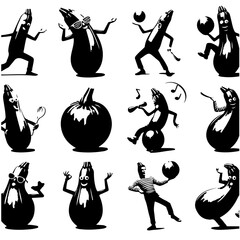 Collection of whimsical eggplant characters and a pumpkin in black and white style art design