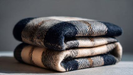 Cozy plaid blanket folded neatly, offering warmth and comfort for a relaxing home atmosphere, perfect for chilly evenings.