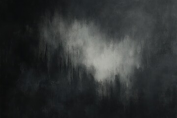 Obraz premium dark textured abstract painting with pale misty cloud and dripping vertical streaks conveying a melancholic atmospheric mood