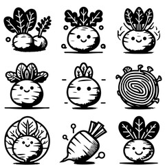 Collection of nine stylized black and white beet illustrations with varying designs and expressions