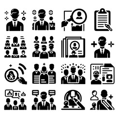 Collection of sixteen black and white human resources and recruitment related icons in a square format