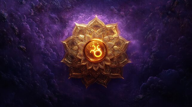 ornate golden lotus mandala with a glowing central om symbol above deep purple cosmic clouds, mystical serene spiritual energy