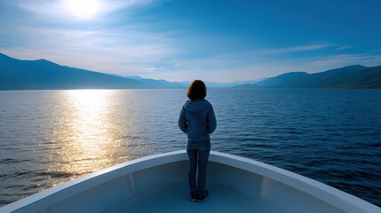 Fototapeta premium Tranquil Wide Angle Shot of Traveler Standing at the Bow of a Boat Overlooking Calm Water and Scenic Landscape During Sunset