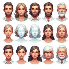 Illustration of diverse cartoon style faces of men and women with various hairstyles and ages in rows